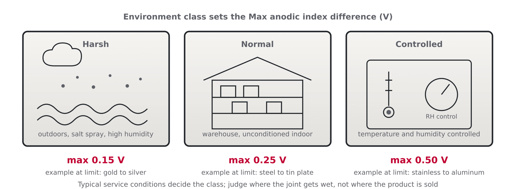 Diagram of three environment classes, harsh, normal and controlled, with their maximum allowable anodic index differences of 0.15, 0.25 and 0.50 volts